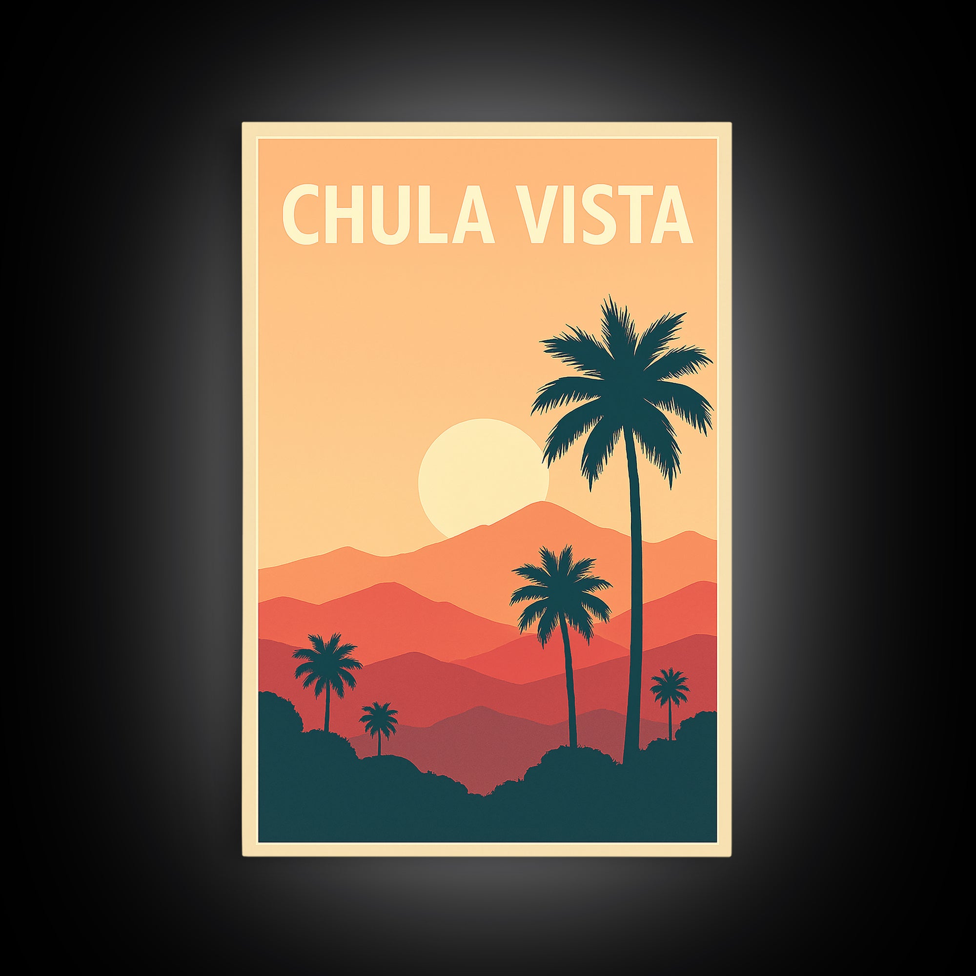 Chula Vista Travel Poster, Framed Canvas Print, Retro Sunset Skyline Art, Chula Vista Poster Print, Vintage City Poster, City Art Print