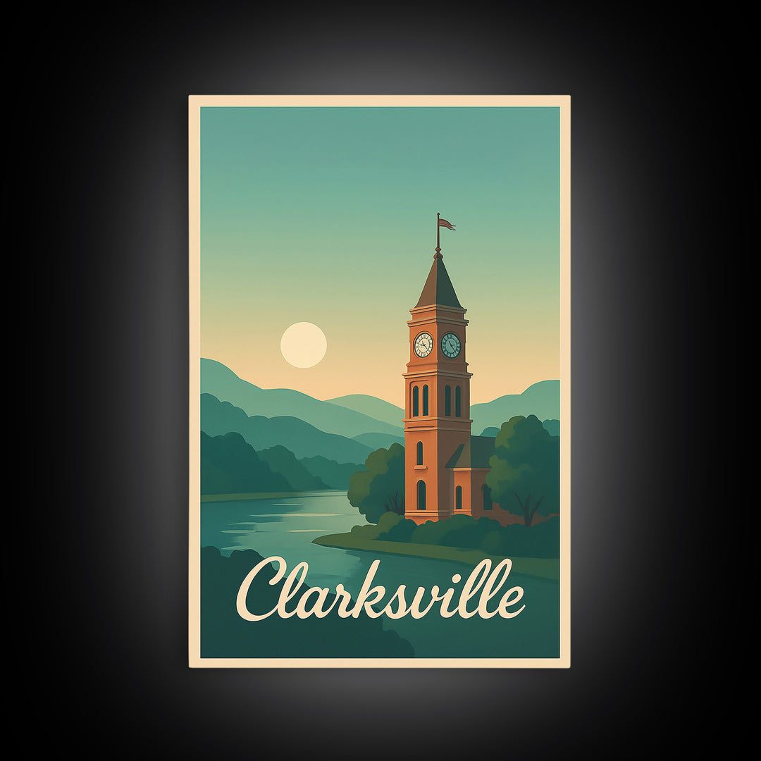 Clarksville Tennessee Travel Poster, Canvas Print, Mid Century City Wall Art, Clarksville Poster Print, Wall Decor, Mid Century Wall Art