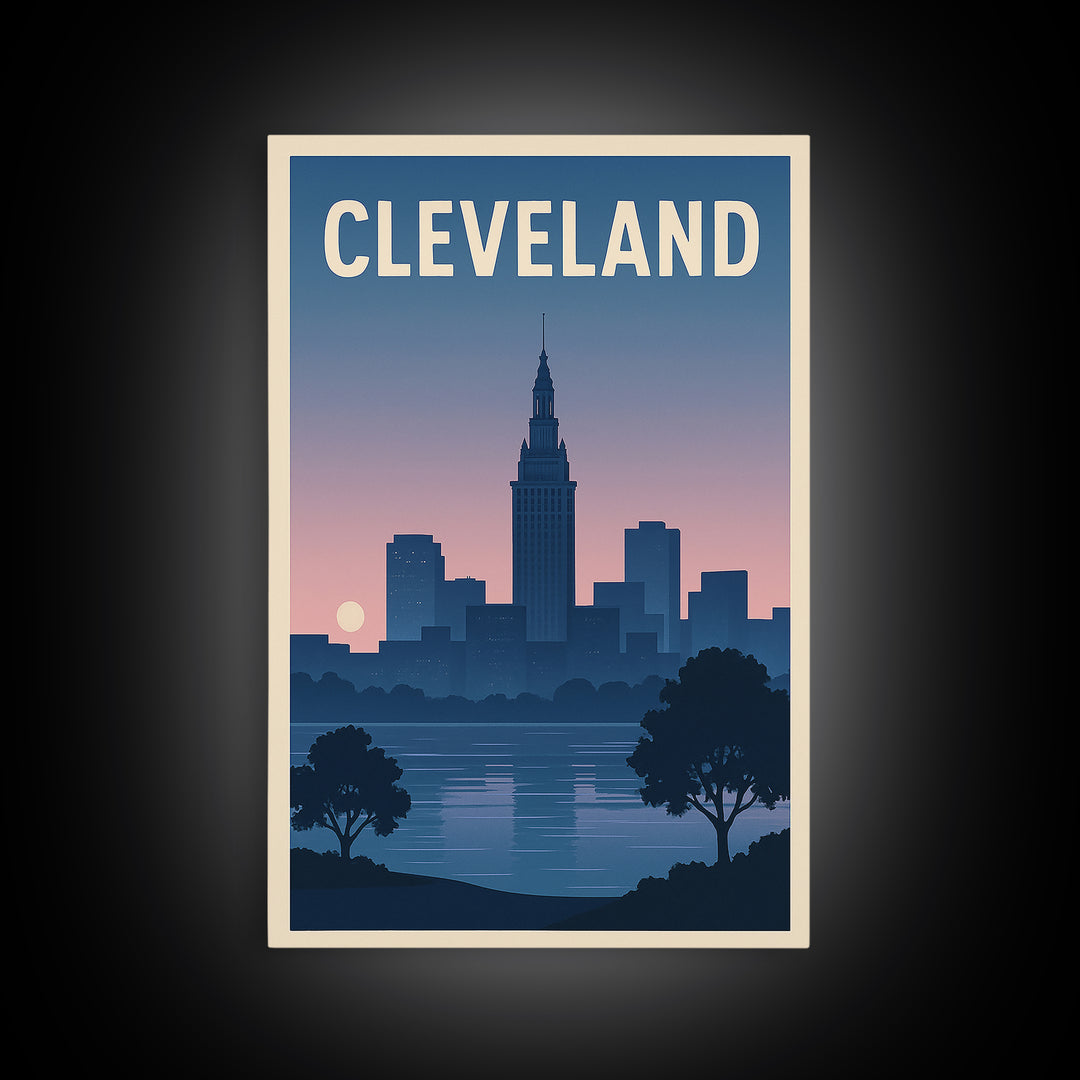 Cleveland Travel Poster, Framed Canvas Print, Mid Century City Wall Art, Cleveland City Art, City Illustration, Modern Wall Decor