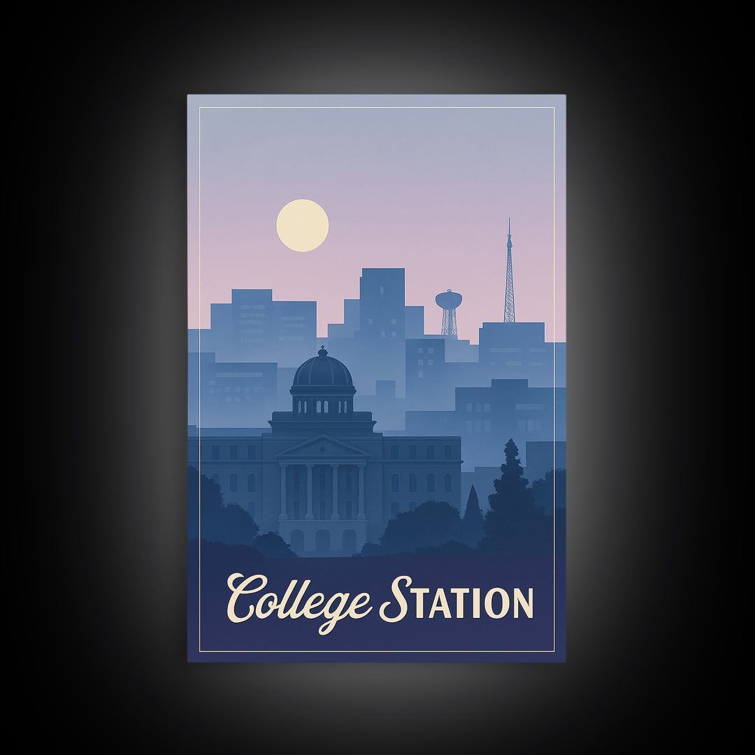 College Station Travel Poster, Framed Canvas Print, Retro Sunset Skyline Art, College Station City Art, Home Office Decor, Travel Art Print