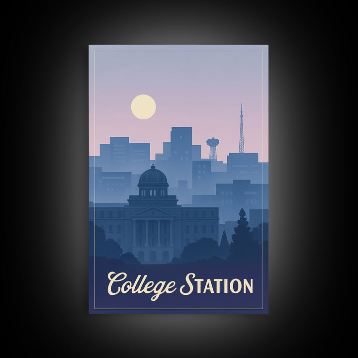 College Station Travel Poster, Framed Canvas Print, Retro Sunset Skyline Art, College Station City Art, Home Office Decor, Travel Art Print