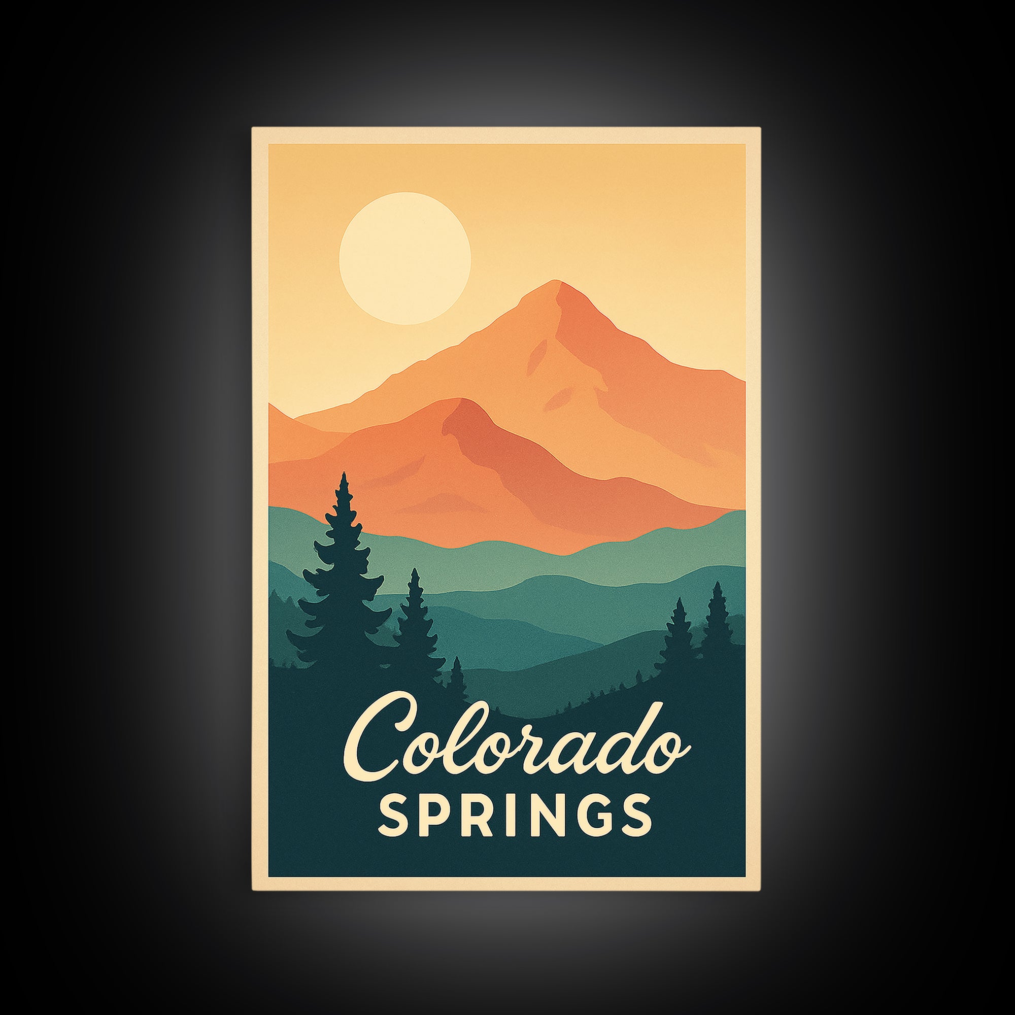 Colorado Springs Colorado Travel Poster, Framed Canvas Print, Retro Sunset Skyline Art, Colorado Springs Travel Art, Living Room Wall Art