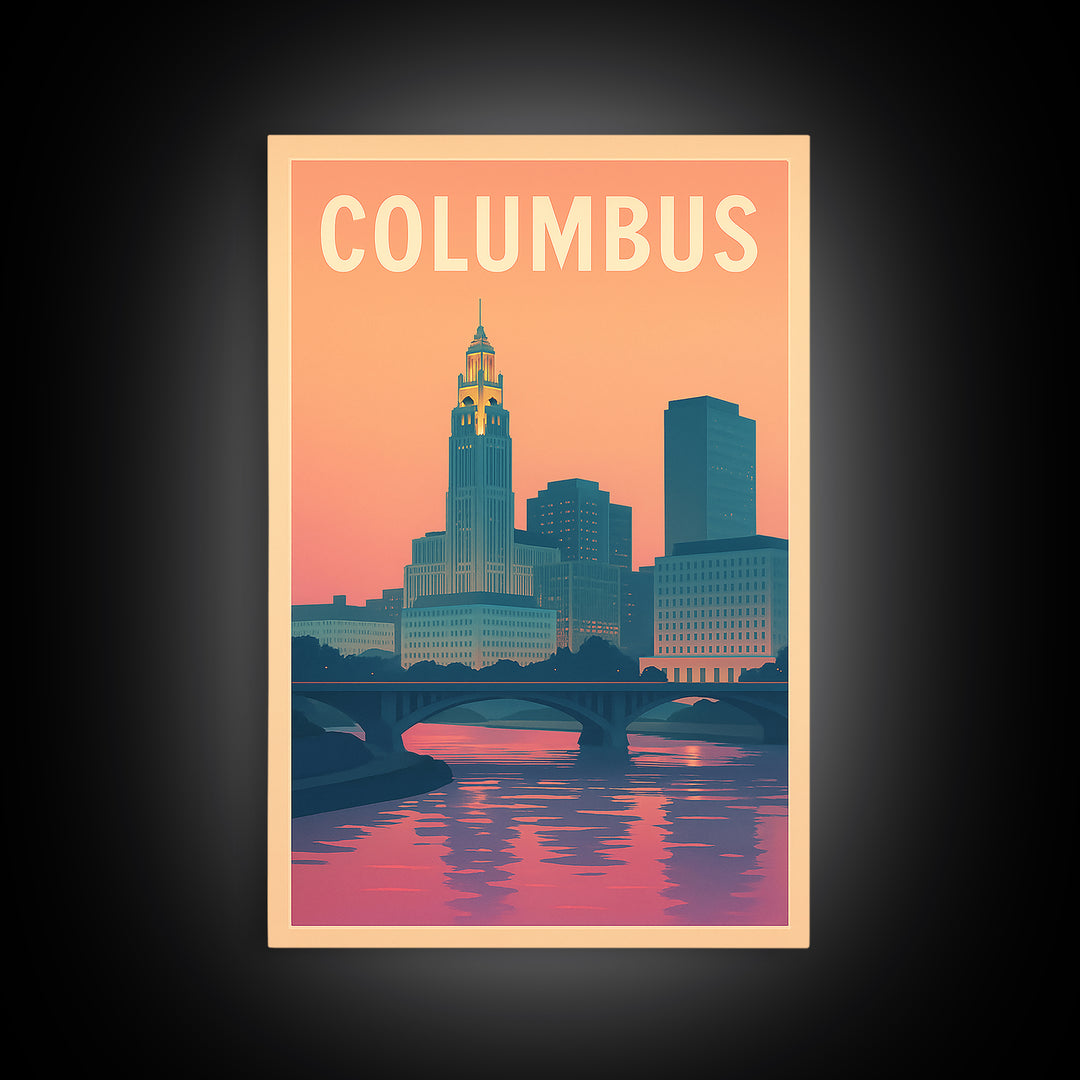 Columbus Ohio Travel Poster, Canvas Print, Vintage Travel Poster Art, Columbus Poster Print, Retro Travel Print, City Illustration