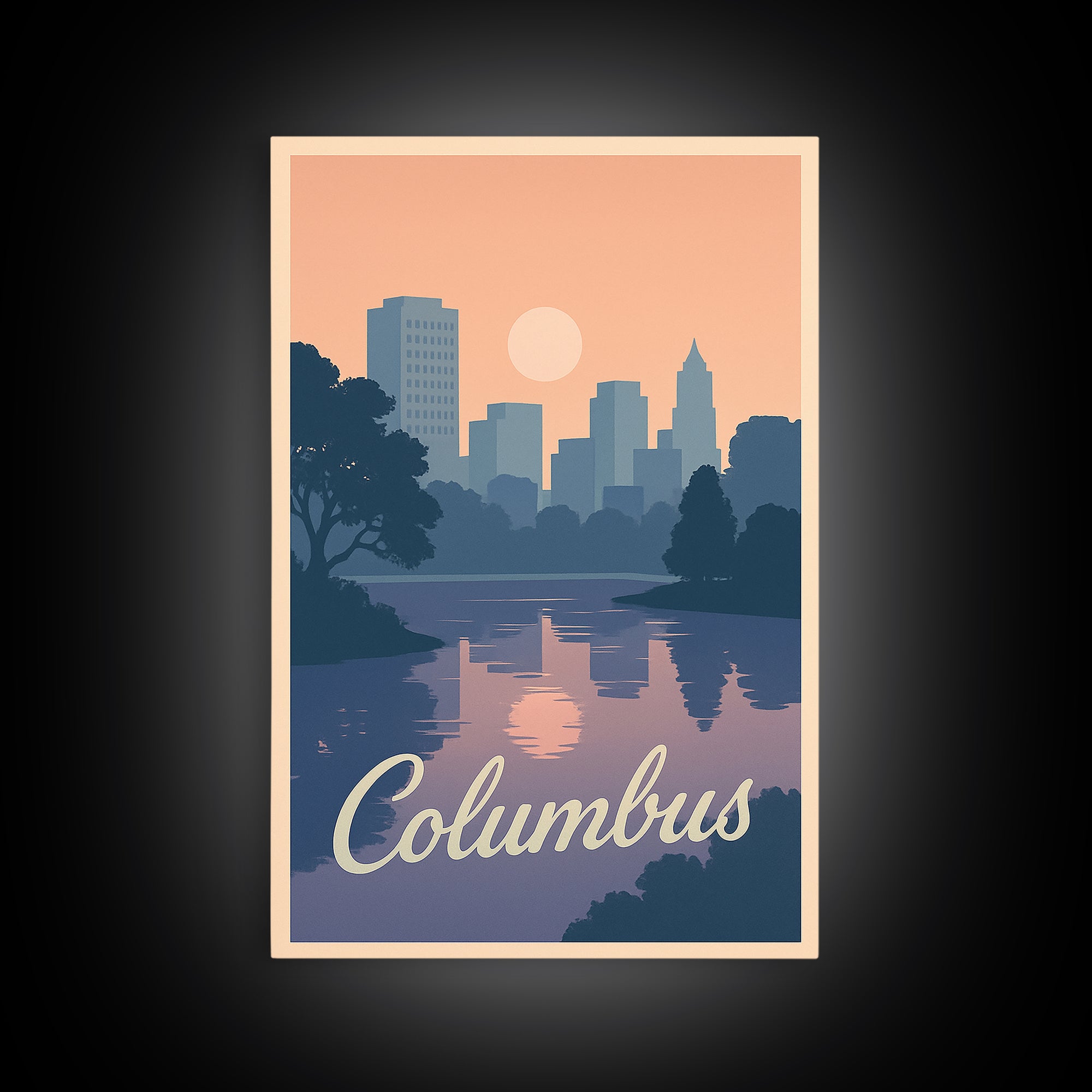 Columbus Travel Poster, Framed Canvas Print, Retro Sunset Skyline Art, Columbus Wall Art, Modern Wall Decor, Retro Travel Print
