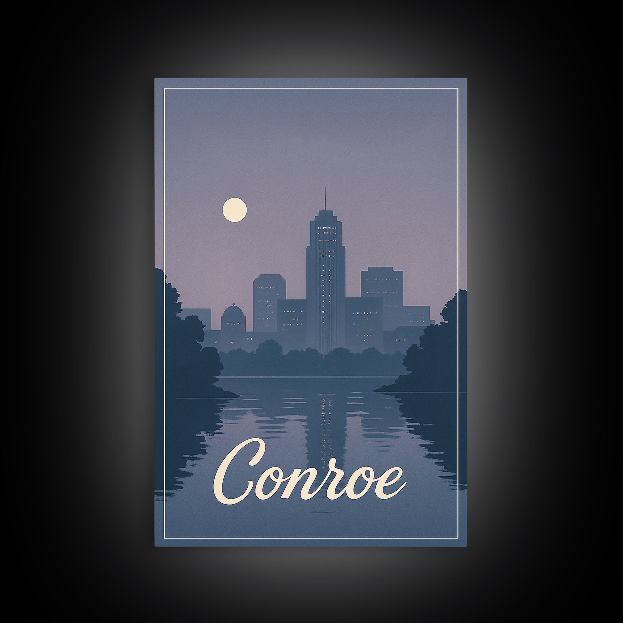 Conroe Travel Poster, Framed Canvas Print, Mid Century City Wall Art, Conroe Travel Art, Living Room Wall Art, Vintage City Poster
