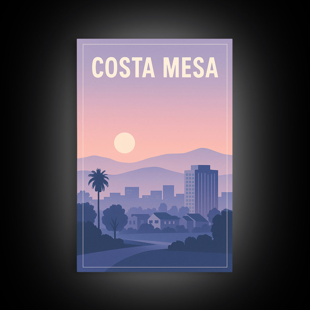 Costa Mesa California Travel Poster, Canvas Print, Mid Century City Wall Art, Costa Mesa City Art, Art Print, Watercolor Downtown Skyline