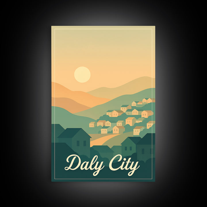 Daly City California Travel Poster, Canvas Print, Retro Sunset Skyline Art, Daly City Art Print, Gift For Travelers, Living Room Wall Art