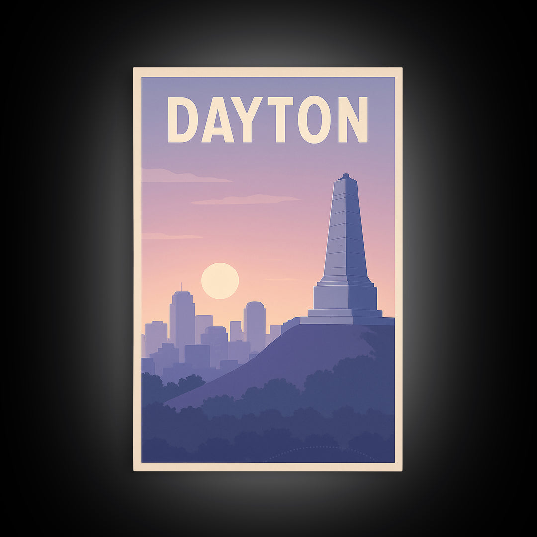 Dayton Ohio Travel Poster, Framed Canvas Print, Mid Century City Wall Art, Dayton Poster Print, Watercolor City Skyline, Retro Travel Print