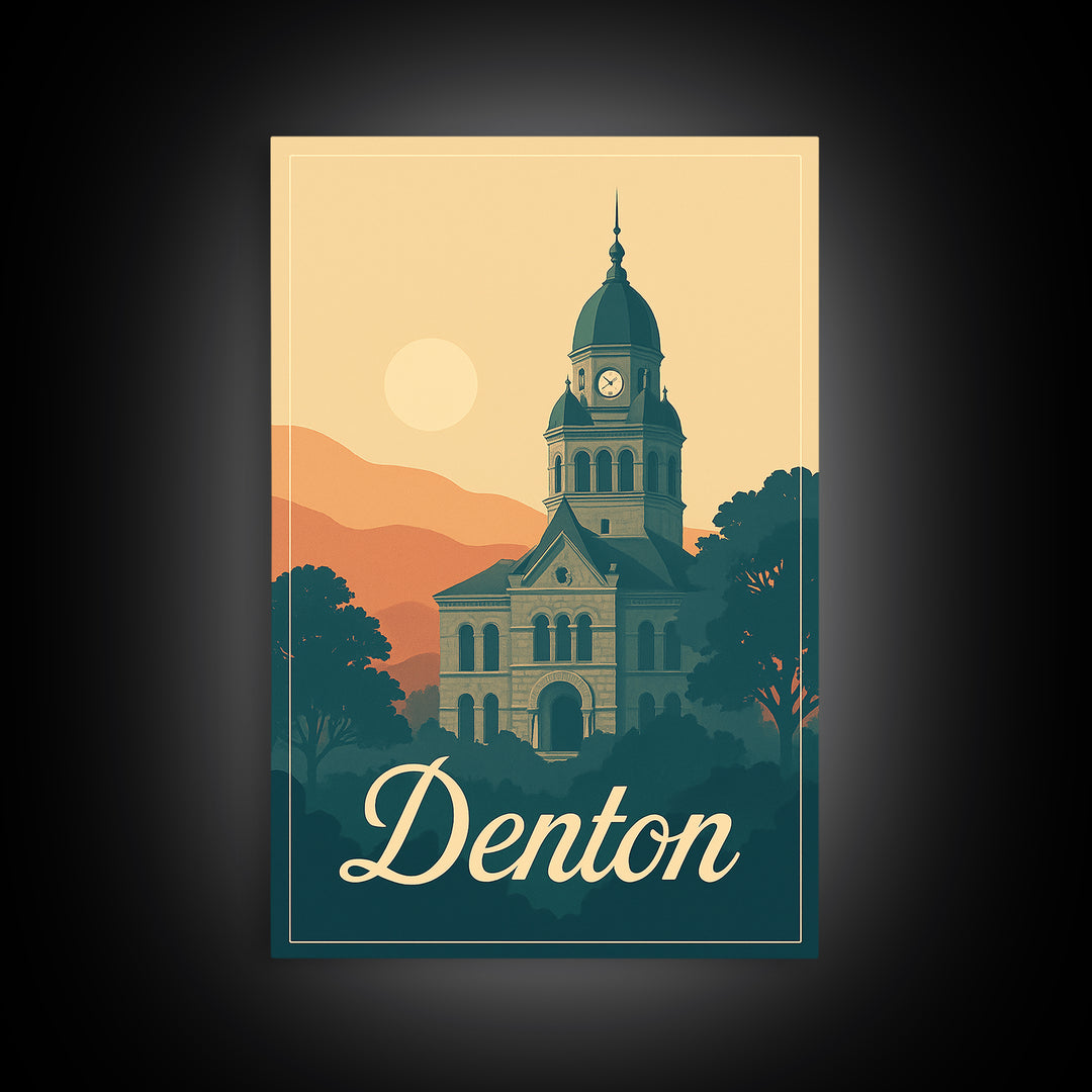 Denton Texas Travel Poster, Canvas Print, Retro Sunset Skyline Art, Denton Travel Art, Travel Poster Set, Wanderlust Decor, City Poster