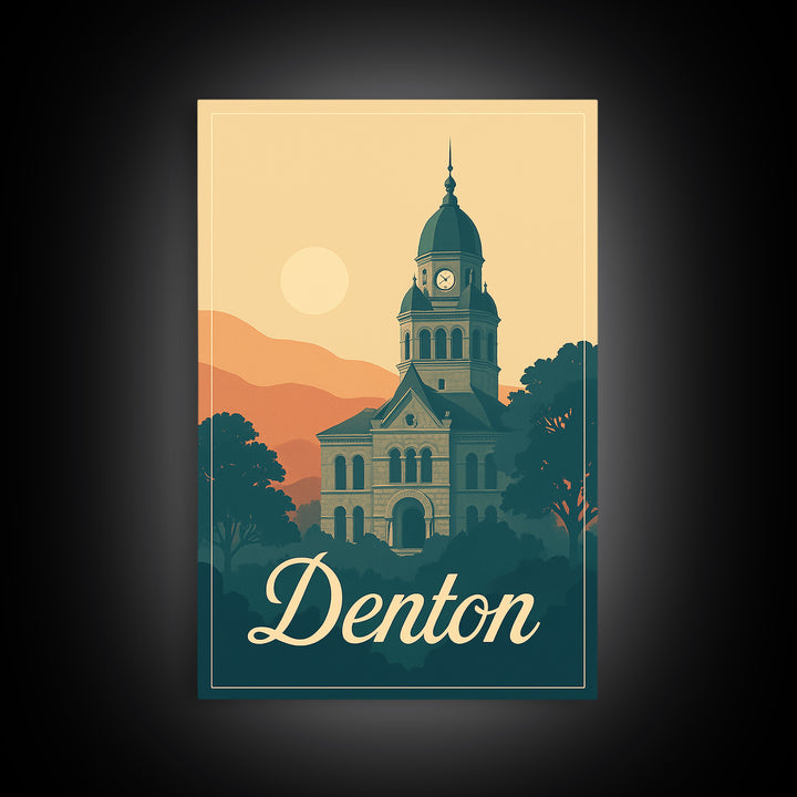 Denton Texas Travel Poster, Canvas Print, Retro Sunset Skyline Art, Denton Travel Art, Travel Poster Set, Wanderlust Decor, City Poster