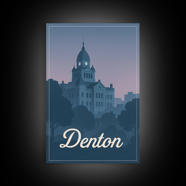 Denton Travel Poster, Framed Canvas Print, Retro Sunset Skyline Art, Denton Poster Print, Vintage Travel Art, City Travel Prints