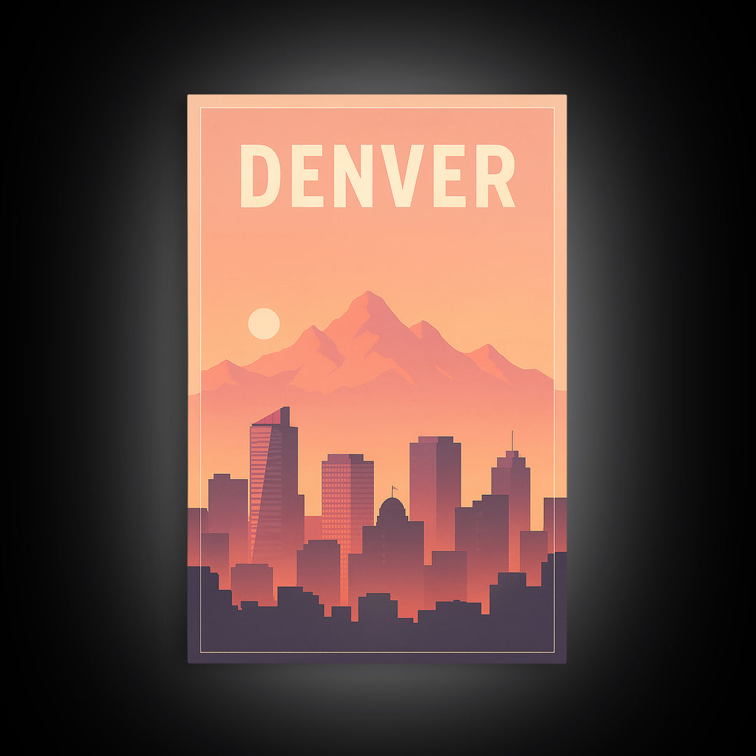 Denver Travel Poster, Framed Canvas Print, Retro Sunset Skyline Art, Denver Poster Print, Travel Poster Set, Travel Art Print, Wall Art