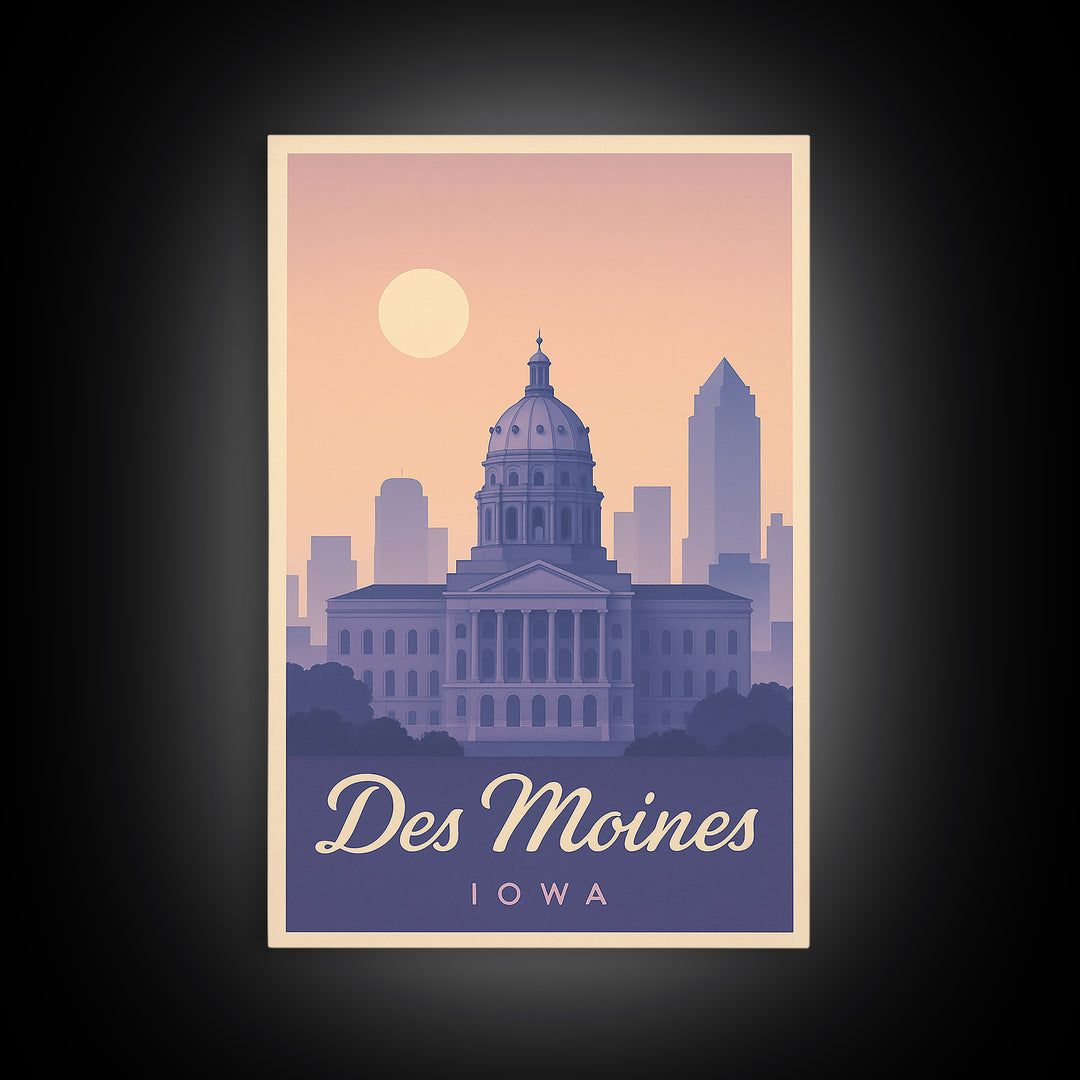 Des Moines Travel Poster, Framed Canvas Print, Retro Sunset Skyline Art, Des Moines Art Print, Vintage Travel Art, City Art Print