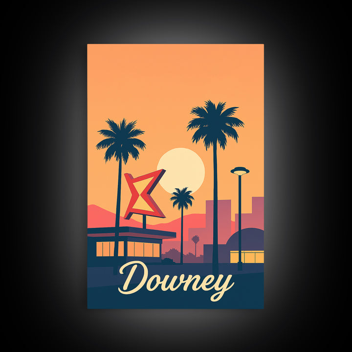Downey California Travel Poster, Canvas Print, Retro Sunset Skyline Art, Downey City Art, Wanderlust Decor, Living Room Wall Art, Wall Art