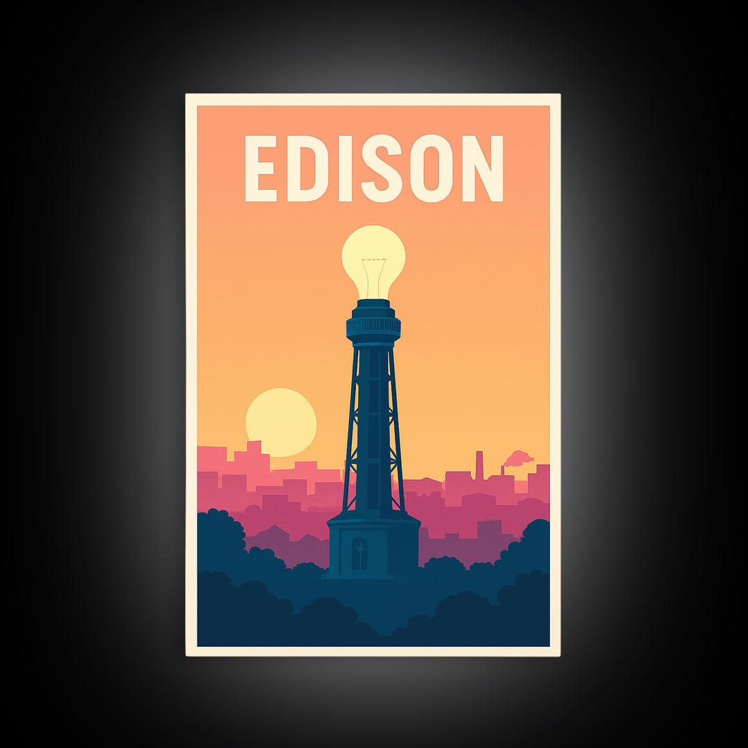 Edison Travel Poster, Framed Canvas Print, Mid Century City Wall Art, Edison Travel Art, Mid Century Wall Art, Watercolor Skyline