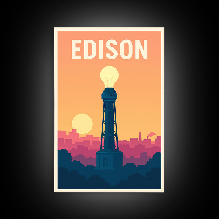 Edison Travel Poster, Framed Canvas Print, Mid Century City Wall Art, Edison Travel Art, Mid Century Wall Art, Watercolor Skyline