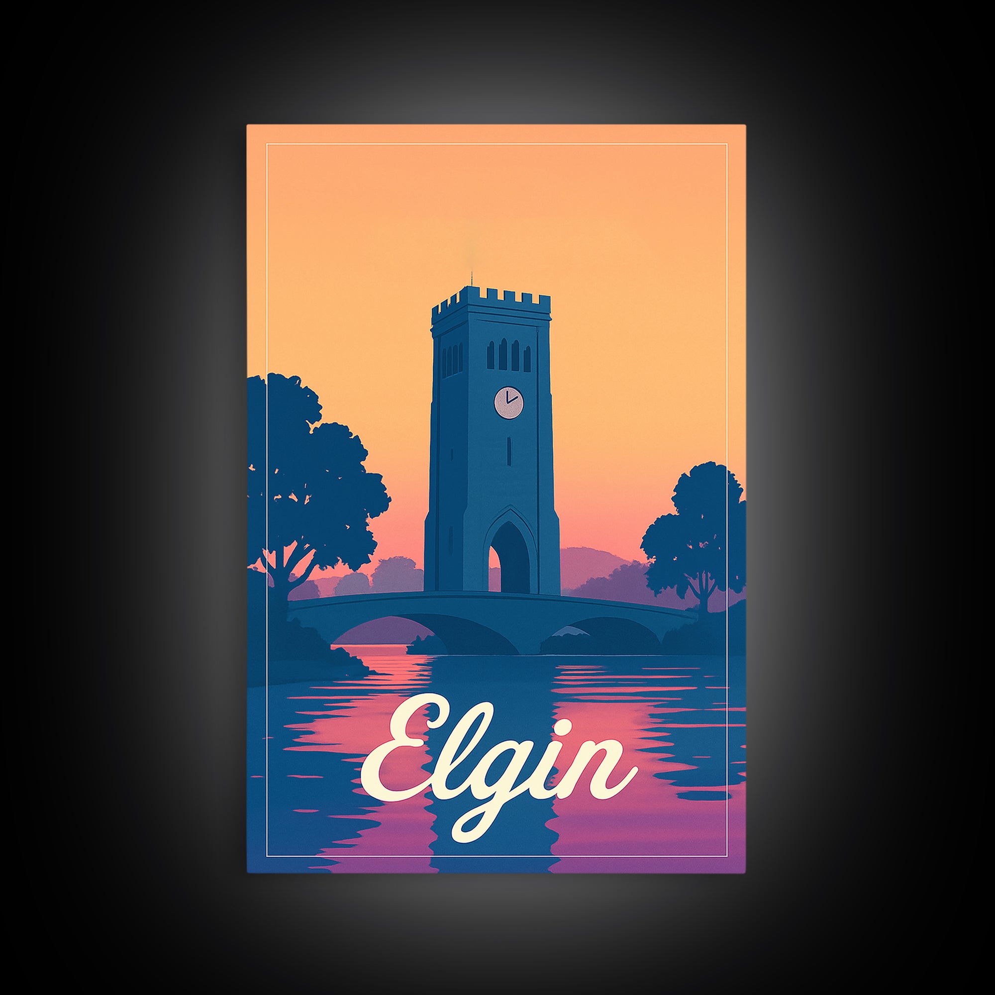 Elgin Illinois Travel Poster, Canvas Print, Retro Sunset Skyline Art, Elgin Poster Print, Fine Art Print, Retro Travel Print, Travel Posters