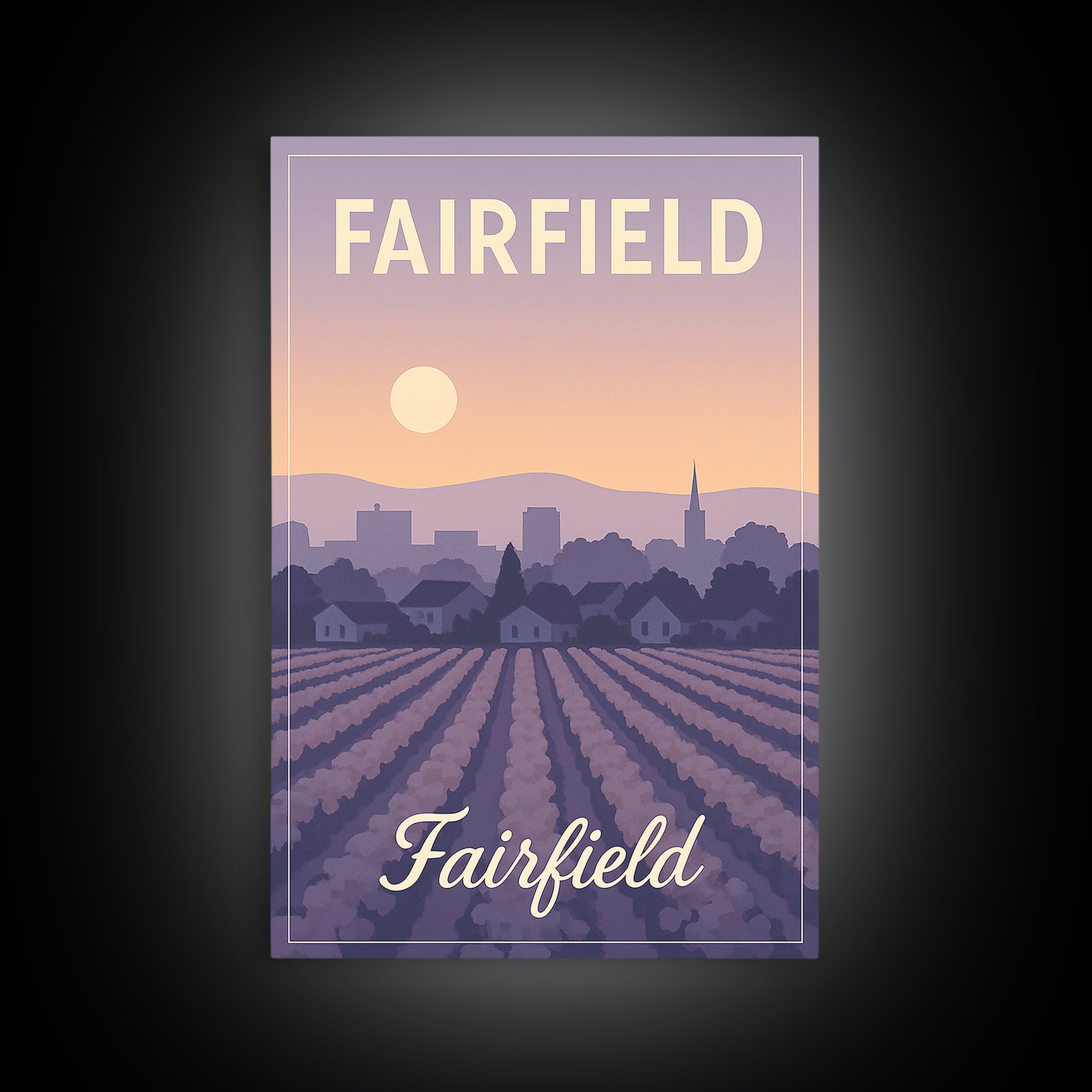 Fairfield Travel Poster, Canvas Print, Retro Sunset Skyline Art, Fairfield Poster Print, Travel Wall Decor, Home Office Decor, Design 2