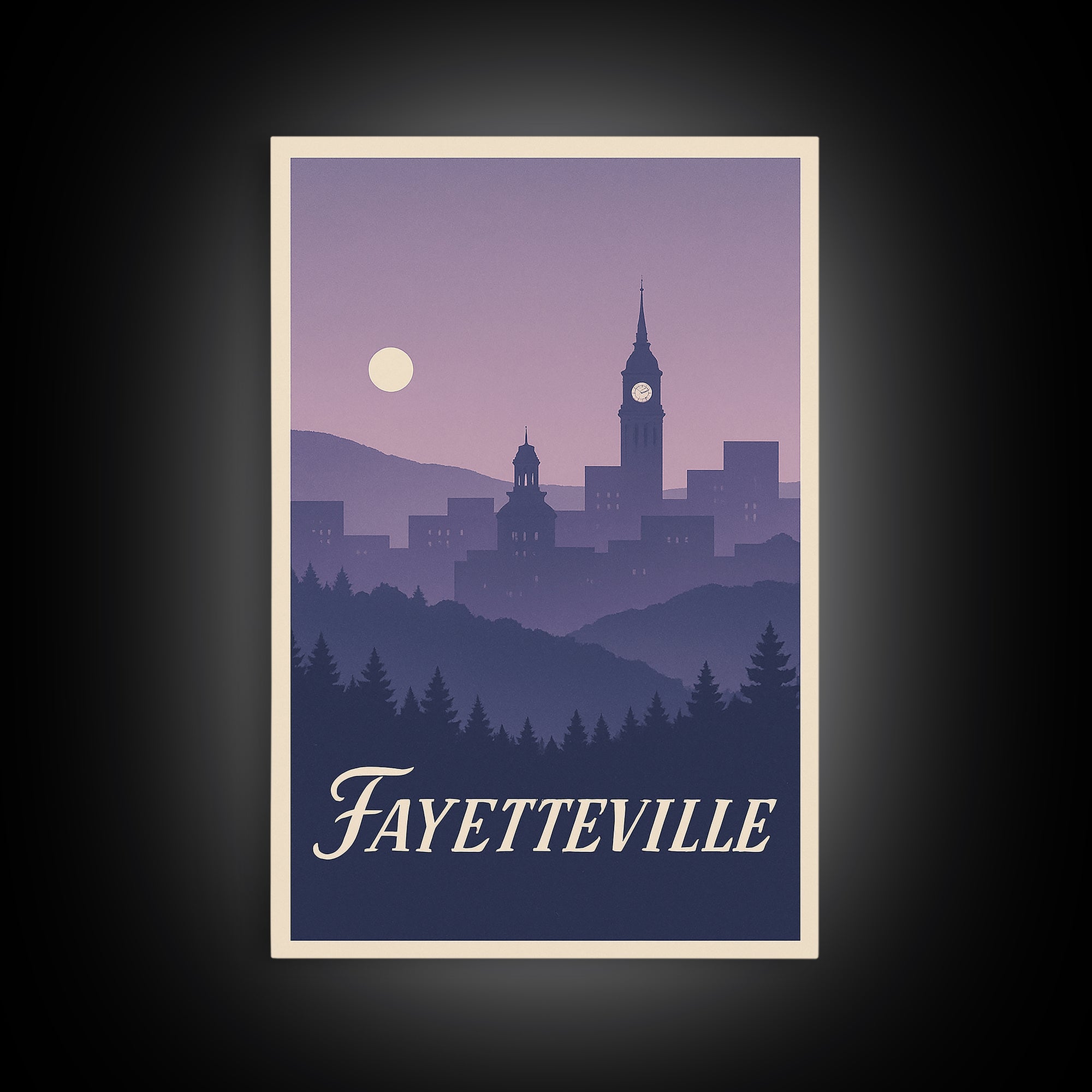 Fayetteville Travel Poster, Framed Canvas Print, Mid Century City Wall Art, Fayetteville Poster Print, Wanderlust Decor, Retro Travel Print