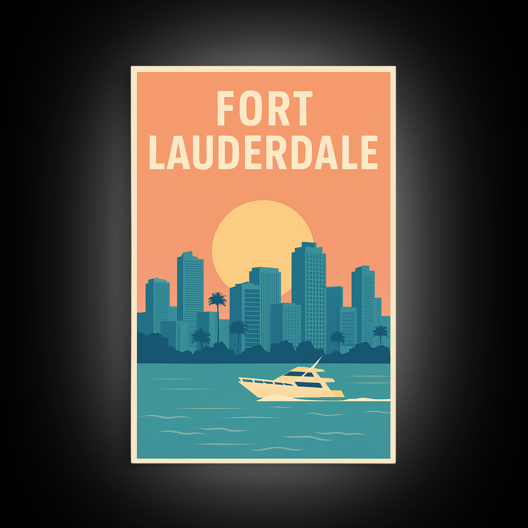 Fort Lauderdale Travel Poster, Framed Canvas Print, Retro Sunset Skyline Art, Fort Lauderdale Wall Art, Vintage Travel Print, Design 2