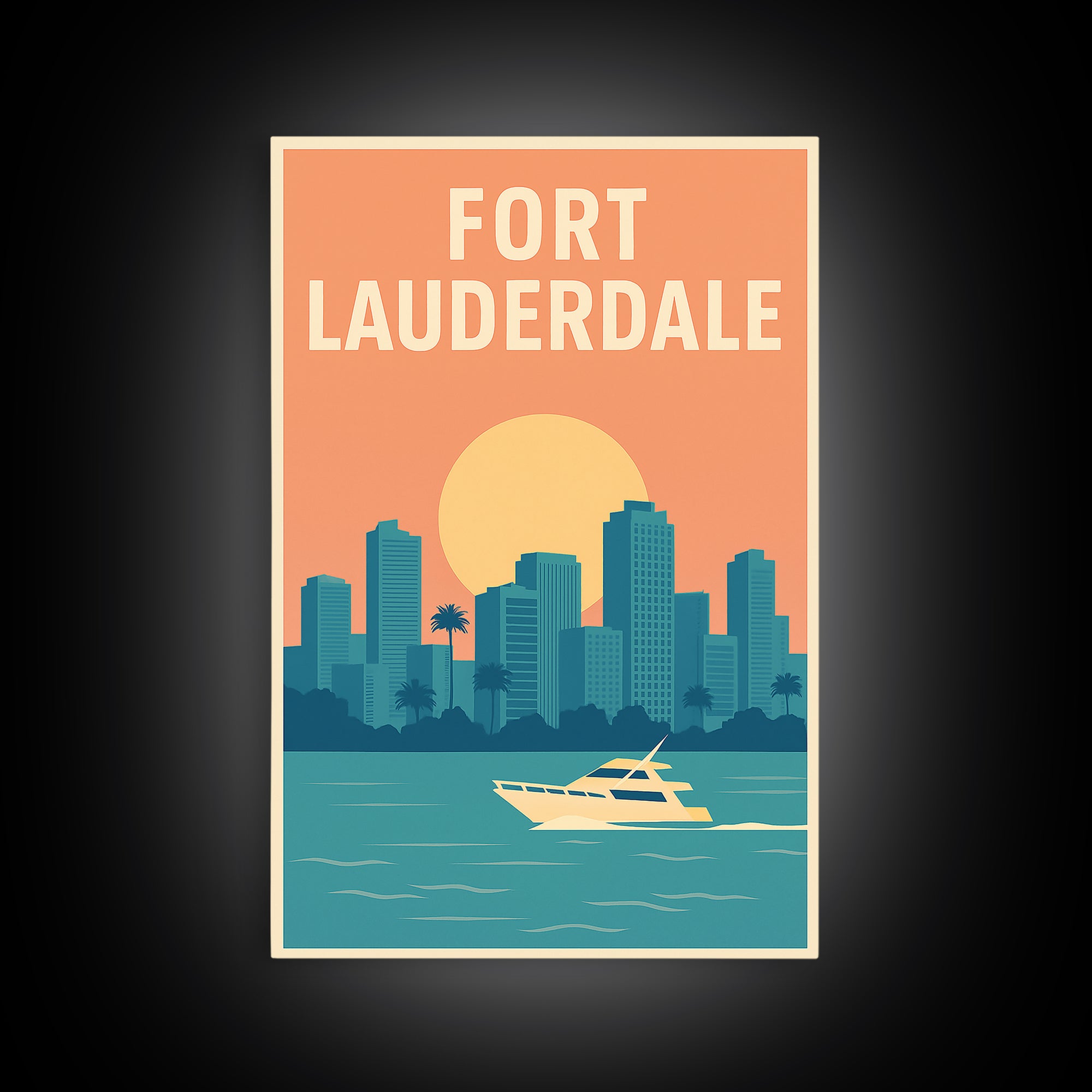 Fort Lauderdale Travel Poster, Framed Canvas Print, Retro Sunset Skyline Art, Fort Lauderdale Wall Art, Vintage Travel Print, Design 2