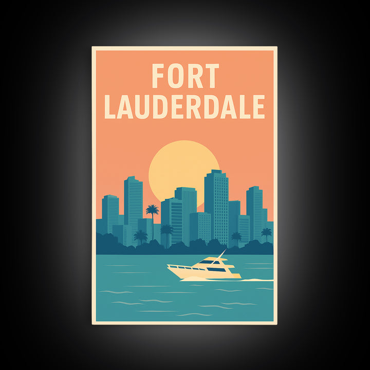 Fort Lauderdale Travel Poster, Framed Canvas Print, Retro Sunset Skyline Art, Fort Lauderdale Wall Art, Vintage Travel Print, Design 2