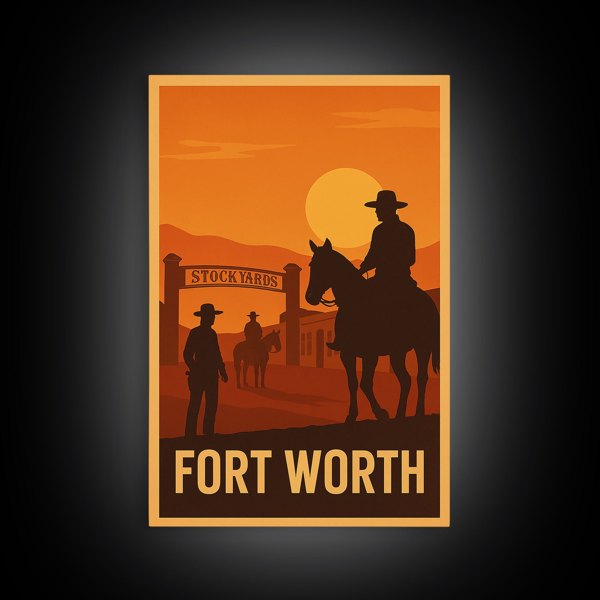 Fort Worth Travel Poster, Framed Canvas Print, Retro Sunset Skyline Art, Fort Worth Poster Print, Living Room Wall Art, Modern Wall Decor