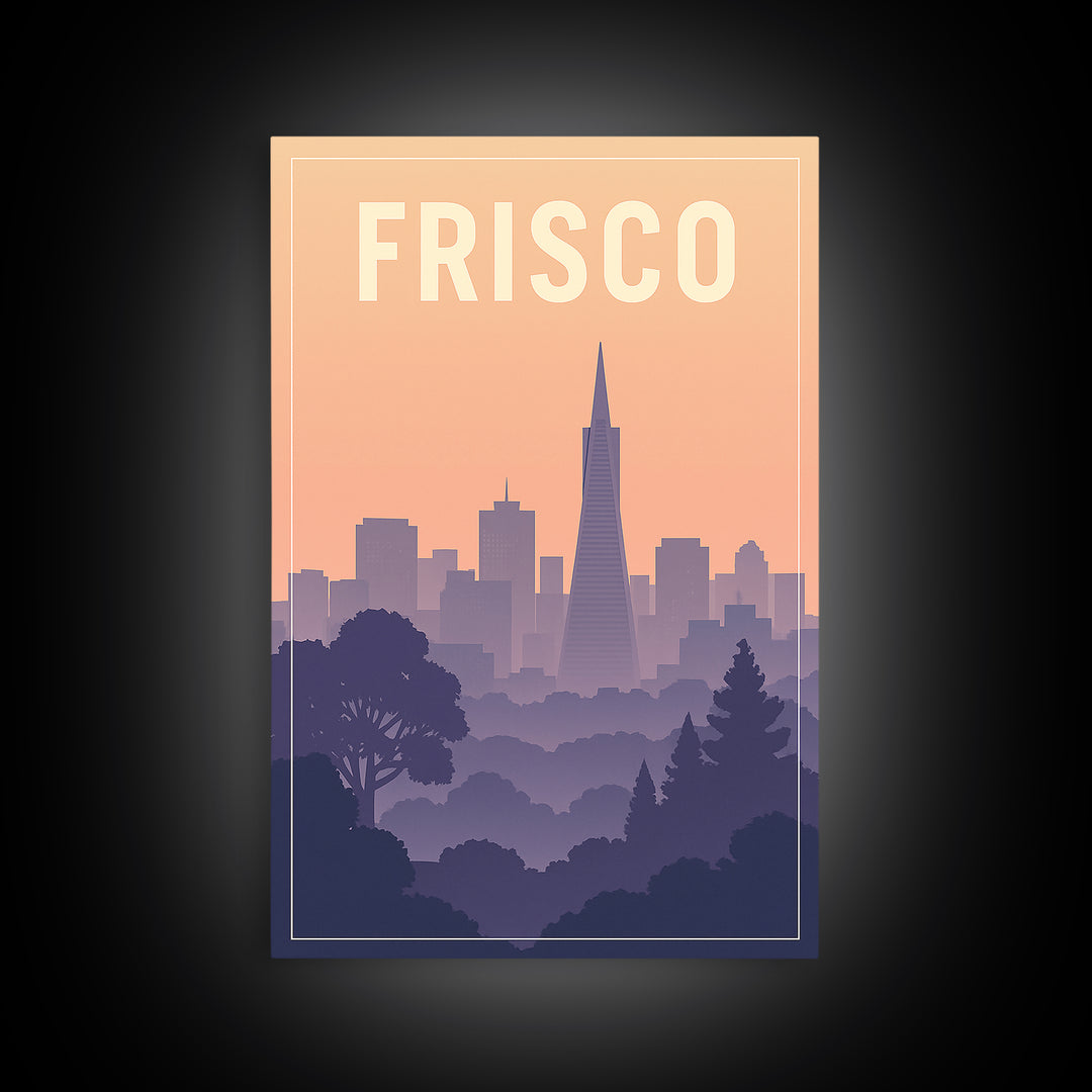 Frisco Texas Travel Poster, Canvas Print, Mid Century City Wall Art, Frisco Wall Art, Wanderlust Decor, Watercolor Downtown Skyline