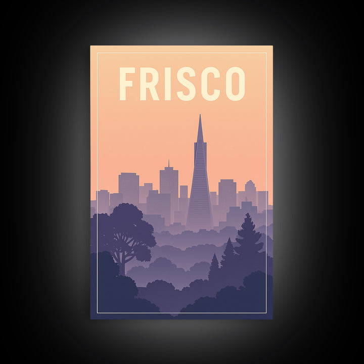 Frisco Texas Travel Poster, Canvas Print, Mid Century City Wall Art, Frisco Wall Art, Wanderlust Decor, Watercolor Downtown Skyline