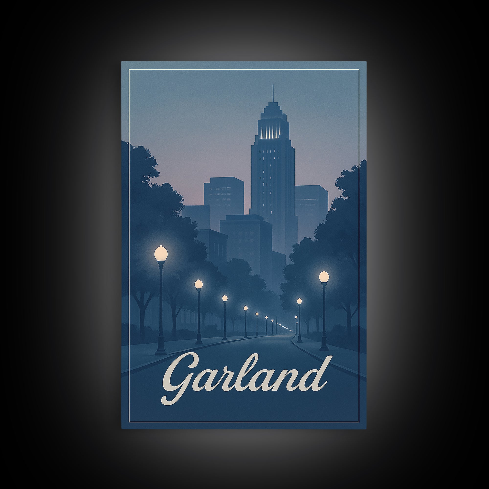 Garland Travel Poster, Canvas Print, Retro Sunset Skyline Art, Garland Poster Print, Wanderlust Decor, Fine Art Print, Modern Wall Decor
