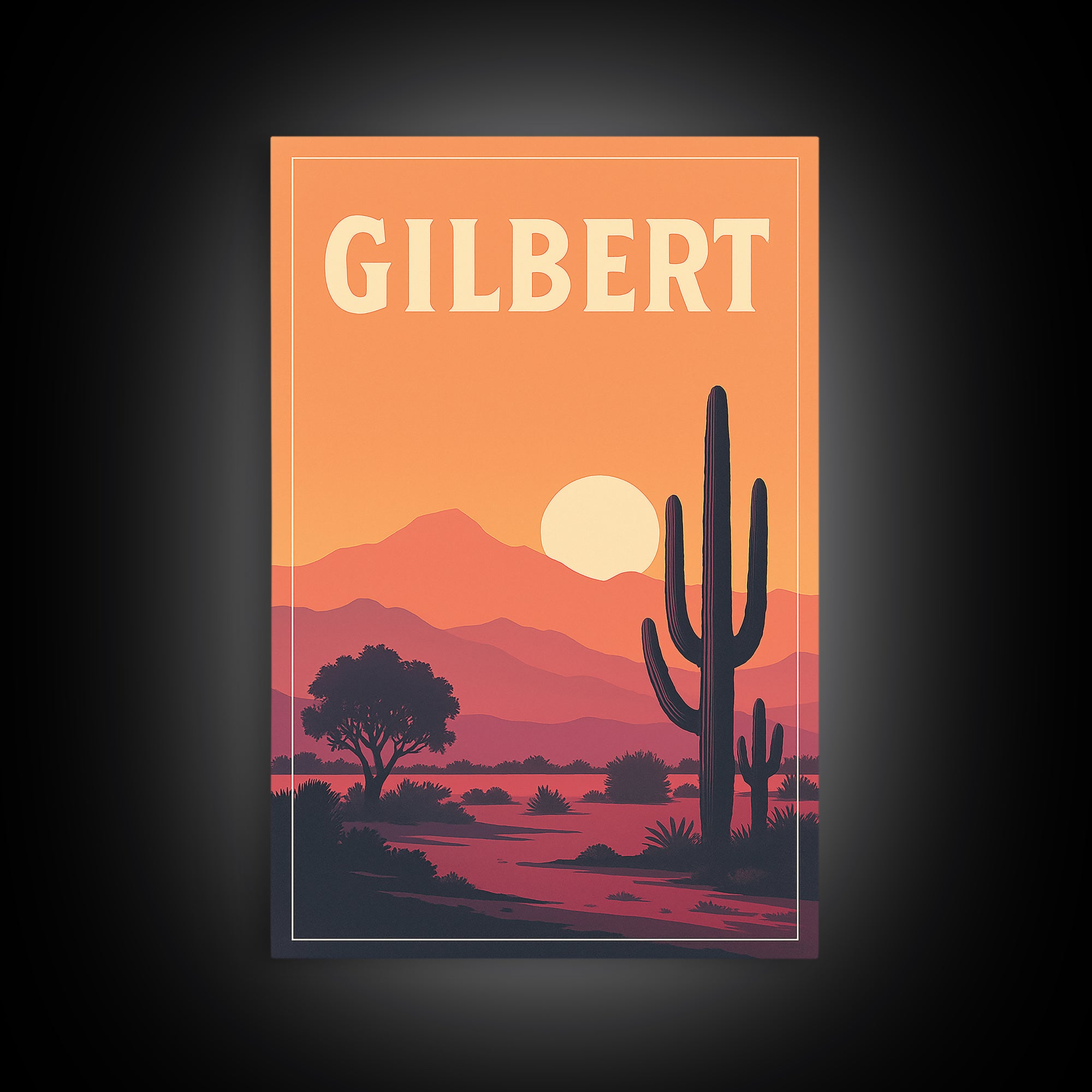 Gilbert Travel Poster, Canvas Print, Retro Sunset Skyline Art, Gilbert Wall Art, Travel Wall Decor, Wanderlust Decor, Fine Art Print