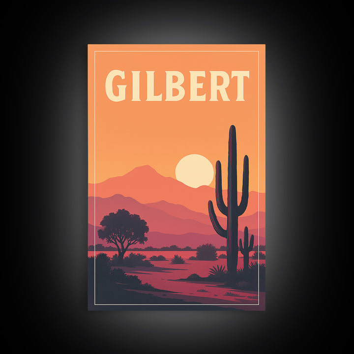 Gilbert Travel Poster, Canvas Print, Retro Sunset Skyline Art, Gilbert Wall Art, Travel Wall Decor, Wanderlust Decor, Fine Art Print