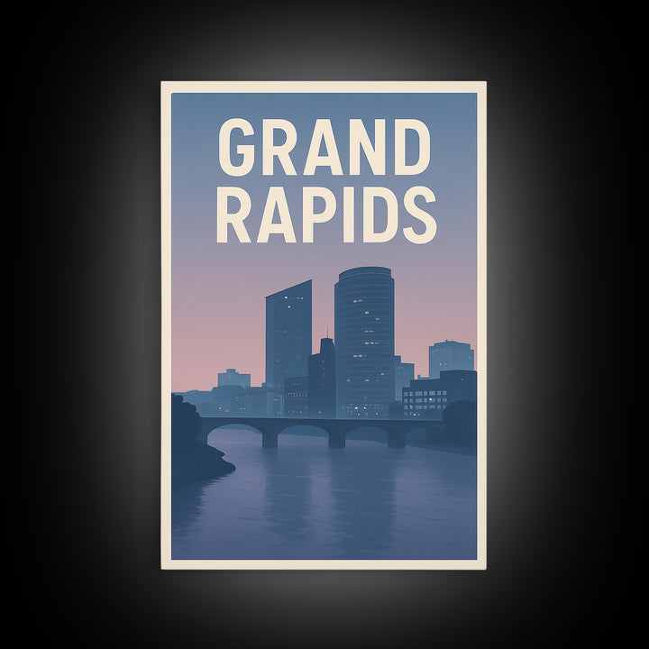 Grand Rapids Michigan Travel Poster, Canvas Print, Retro Sunset Skyline Art, Grand Rapids Art Print, City Art Print, Wall Decor, Wall Art
