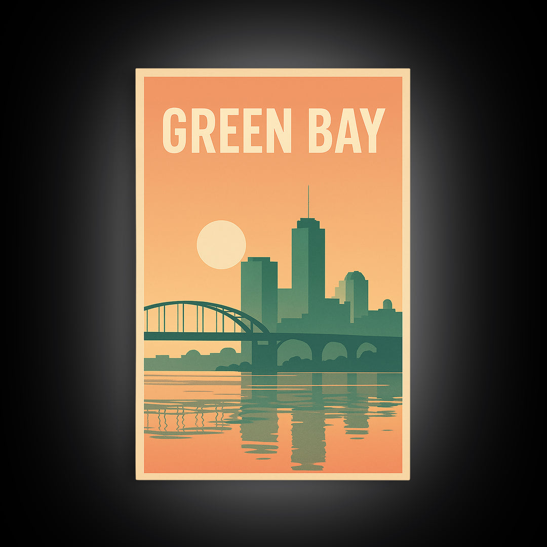 Green Bay Travel Poster, Canvas Print, Retro Sunset Skyline Art, Green Bay Wall Art, Gift For Travelers, Home Office Decor, Home Decor