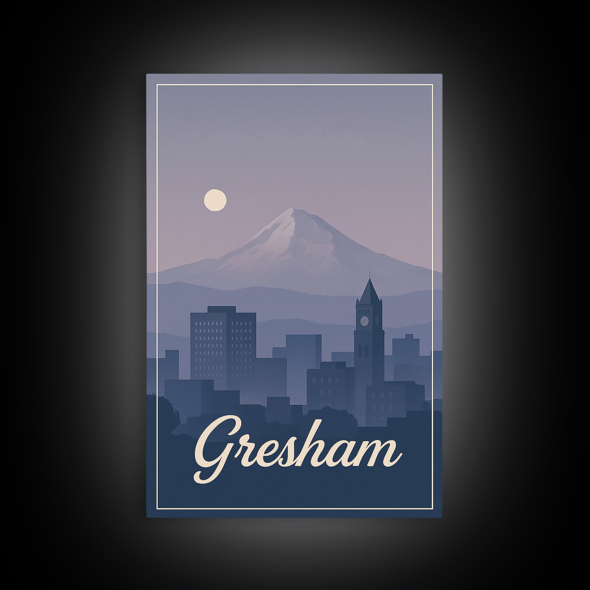 Gresham Travel Poster, Framed Canvas Print, Retro Sunset Skyline Art, Gresham Art Print, Travel Wall Art, Eclectic Wall Decor, Design 2
