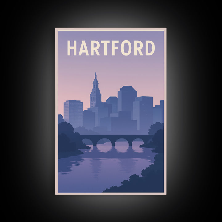 Hartford Travel Poster, Canvas Print, Retro Sunset Skyline Art, Hartford City Art, Travel Wall Decor, City Illustration, Travel Poster Art