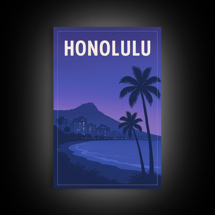 Honolulu Hawaii Travel Poster, Canvas Print, Retro Sunset Skyline Art, Honolulu Wall Art, Mid Century Wall Art, Living Room Wall Art