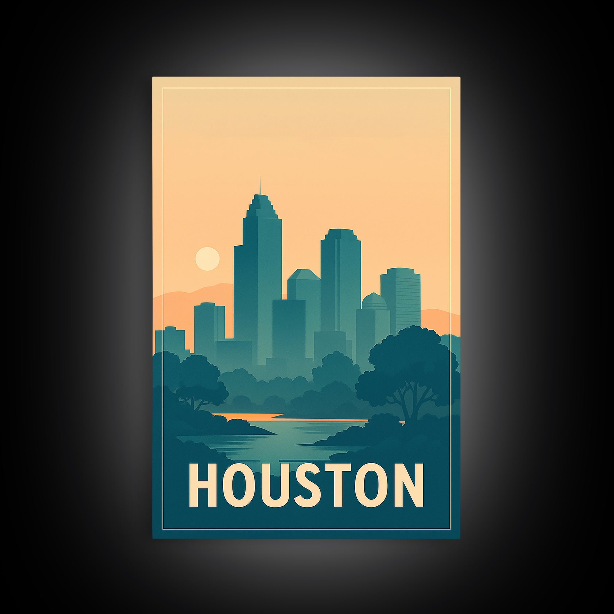 Houston Travel Poster, Framed Canvas Print, Retro Sunset Skyline Art, Houston Travel Art, Modern Wall Decor, Living Room Wall Art