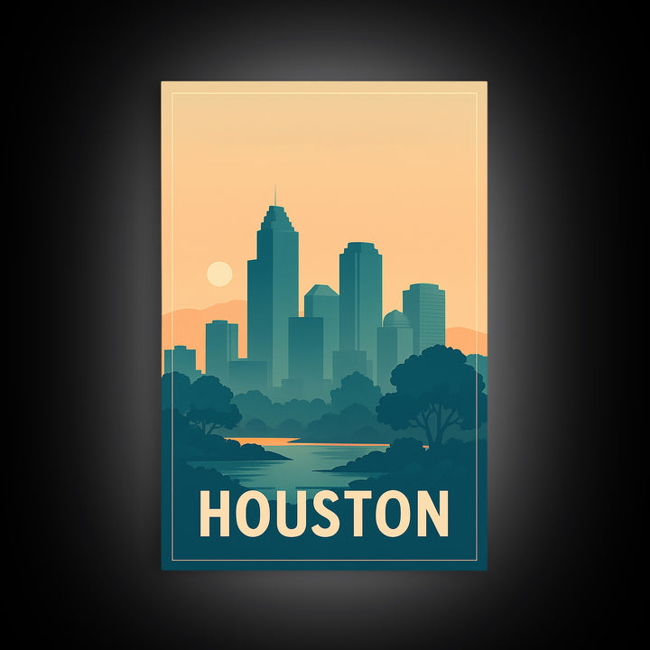 Houston Travel Poster, Framed Canvas Print, Retro Sunset Skyline Art, Houston Travel Art, Modern Wall Decor, Living Room Wall Art