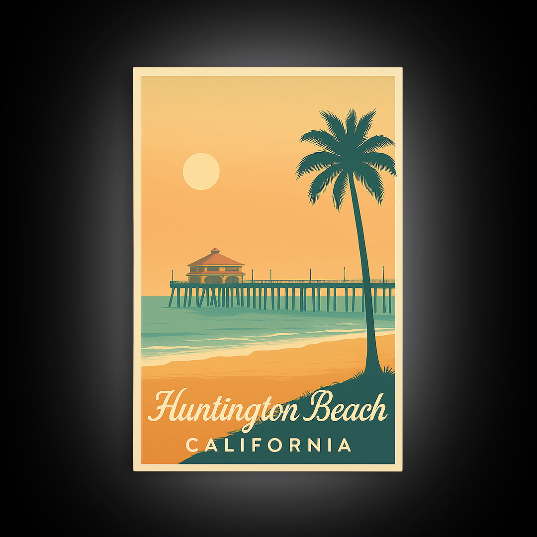 Huntington Beach California Travel Poster, Canvas Print, Retro Sunset Skyline Art, Huntington Beach City Art, Art Print, City Travel Prints