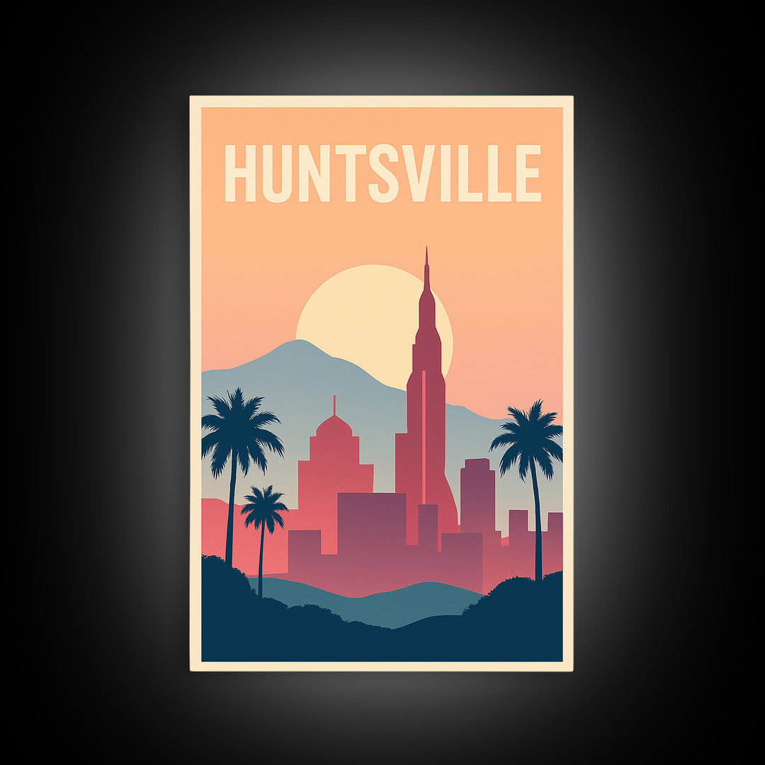Huntsville Travel Poster, Canvas Print, Retro Sunset Skyline Art, Huntsville Poster Print, City Illustration, Travel Poster Art