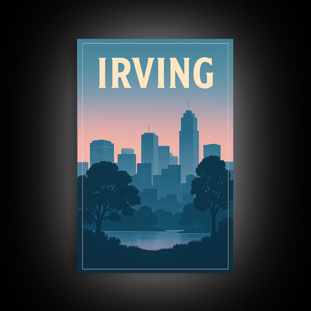 Irving Texas Travel Poster, Canvas Print, Retro Sunset Skyline Art, Irving Poster Print, Wall Decor, Mid Century Wall Art, Art Print