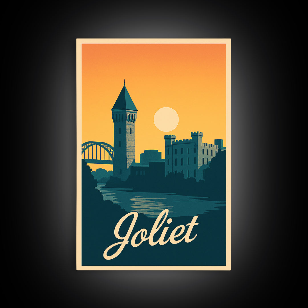 Joliet Illinois Travel Poster, Canvas Print, Retro Sunset Skyline Art, Joliet Wall Art, Watercolor Skyline Art, Travel Wall Decor, Wall Art