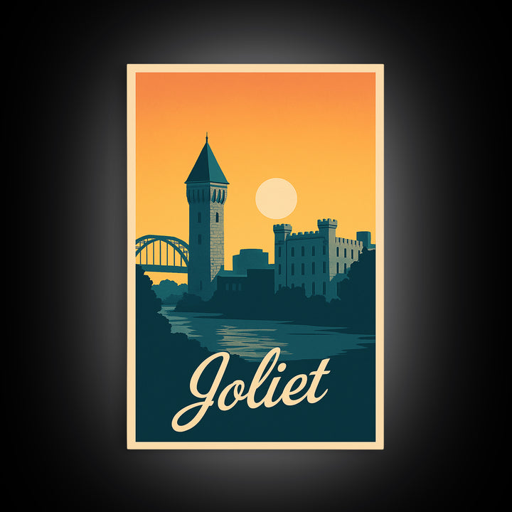 Joliet Illinois Travel Poster, Canvas Print, Retro Sunset Skyline Art, Joliet Wall Art, Watercolor Skyline Art, Travel Wall Decor, Wall Art