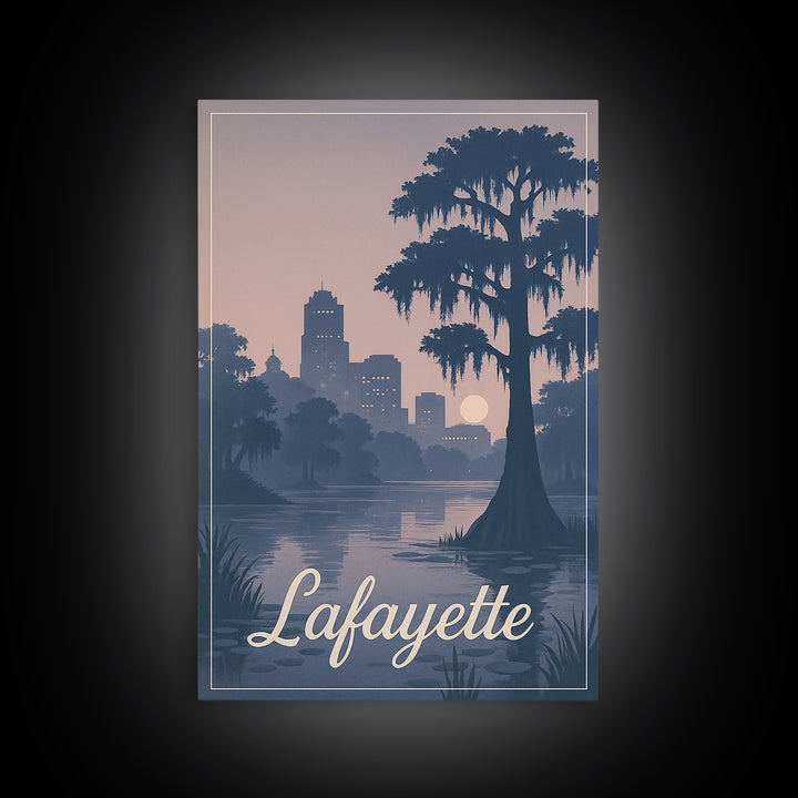 Lafayette Travel Poster, Framed Canvas Print, Retro Sunset Skyline Art, Lafayette Travel Art, Travel Poster Set, Vintage City Poster