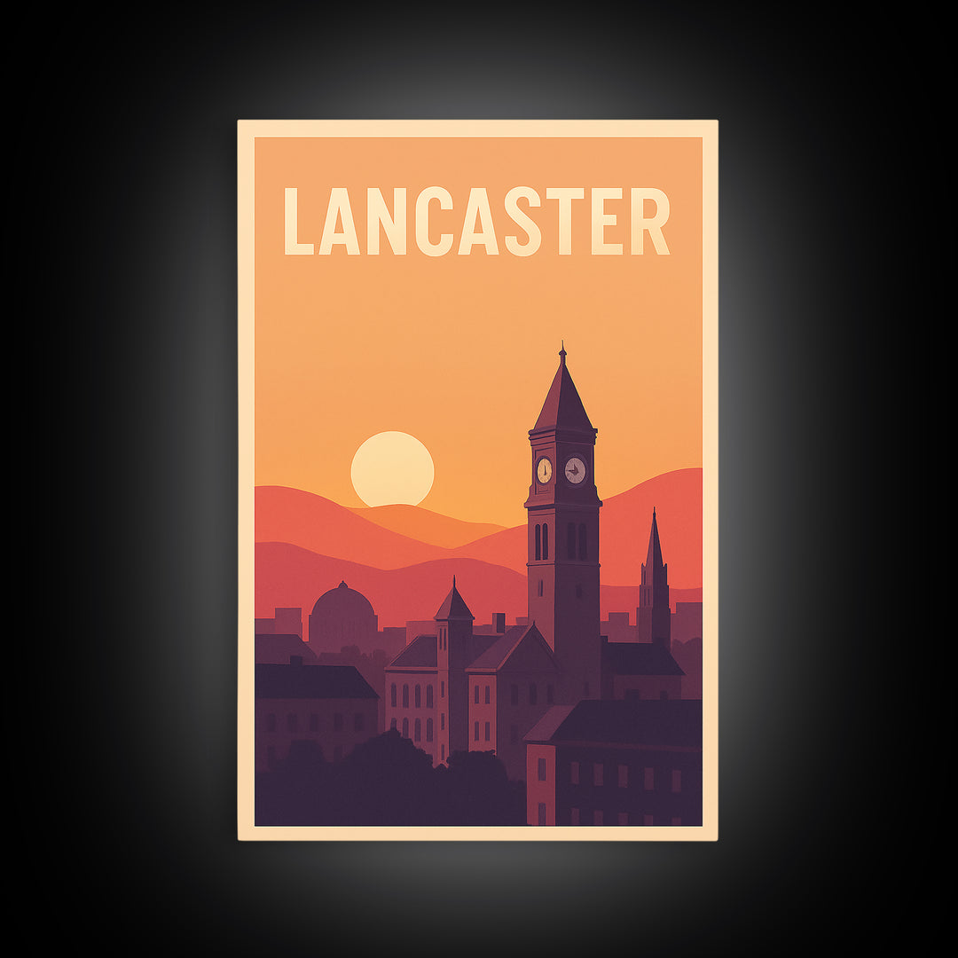 Lancaster Travel Poster, Framed Canvas Print, Vintage Travel Poster Art, Lancaster Poster Print, Mid Century Wall Art, City Illustration