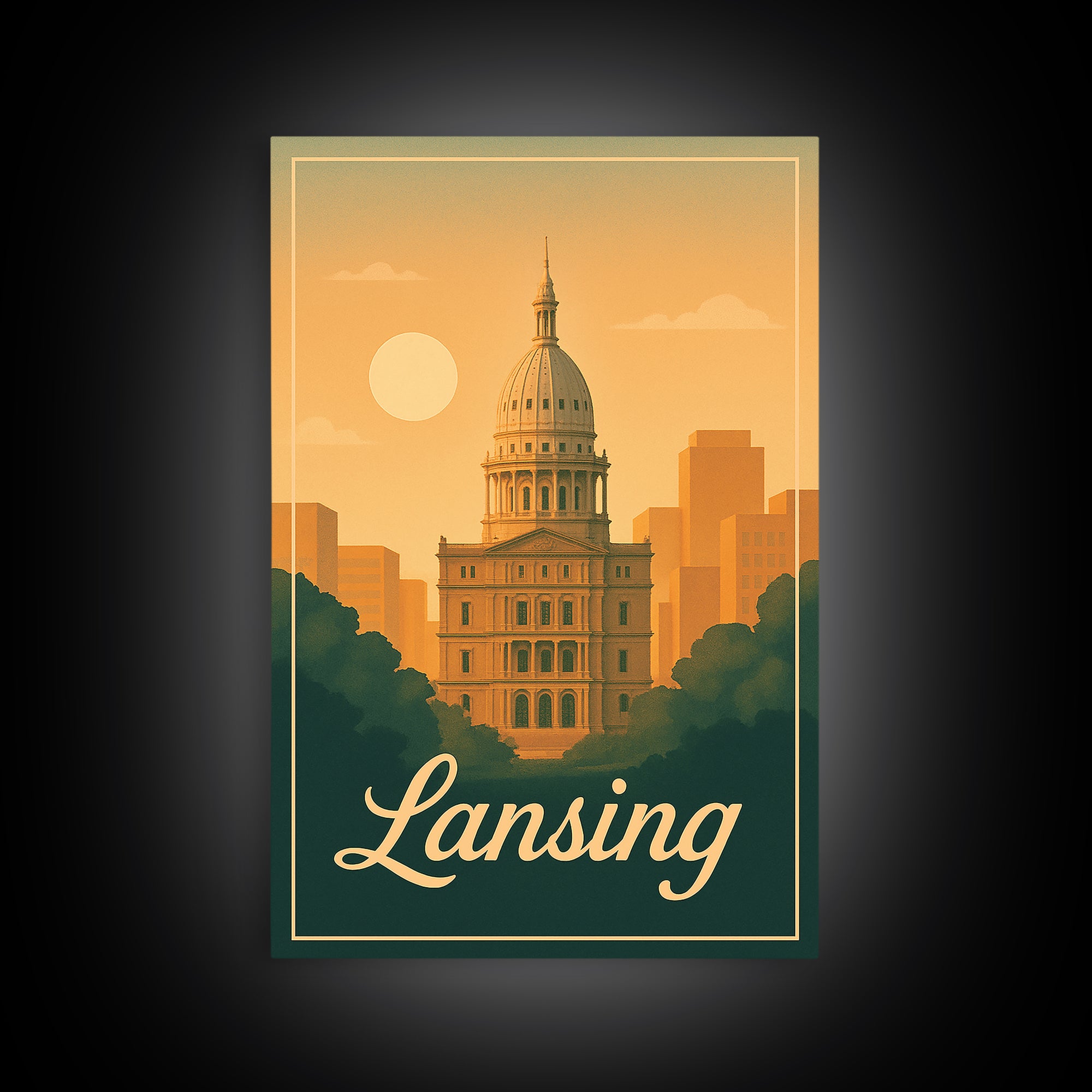 Lansing Michigan Travel Poster, Canvas Print, Classic Poster Art, Lansing City Art, City Illustration, Office Decor, Mid Century Wall Art