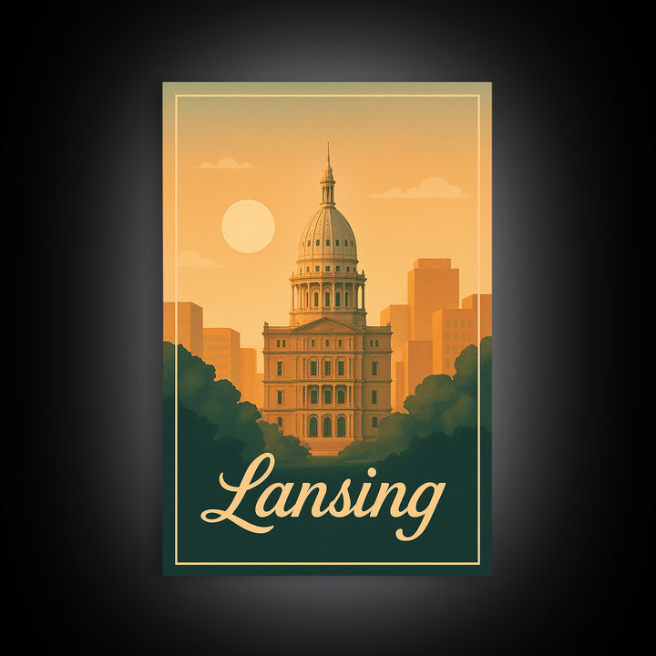 Lansing Michigan Travel Poster, Canvas Print, Classic Poster Art, Lansing City Art, City Illustration, Office Decor, Mid Century Wall Art