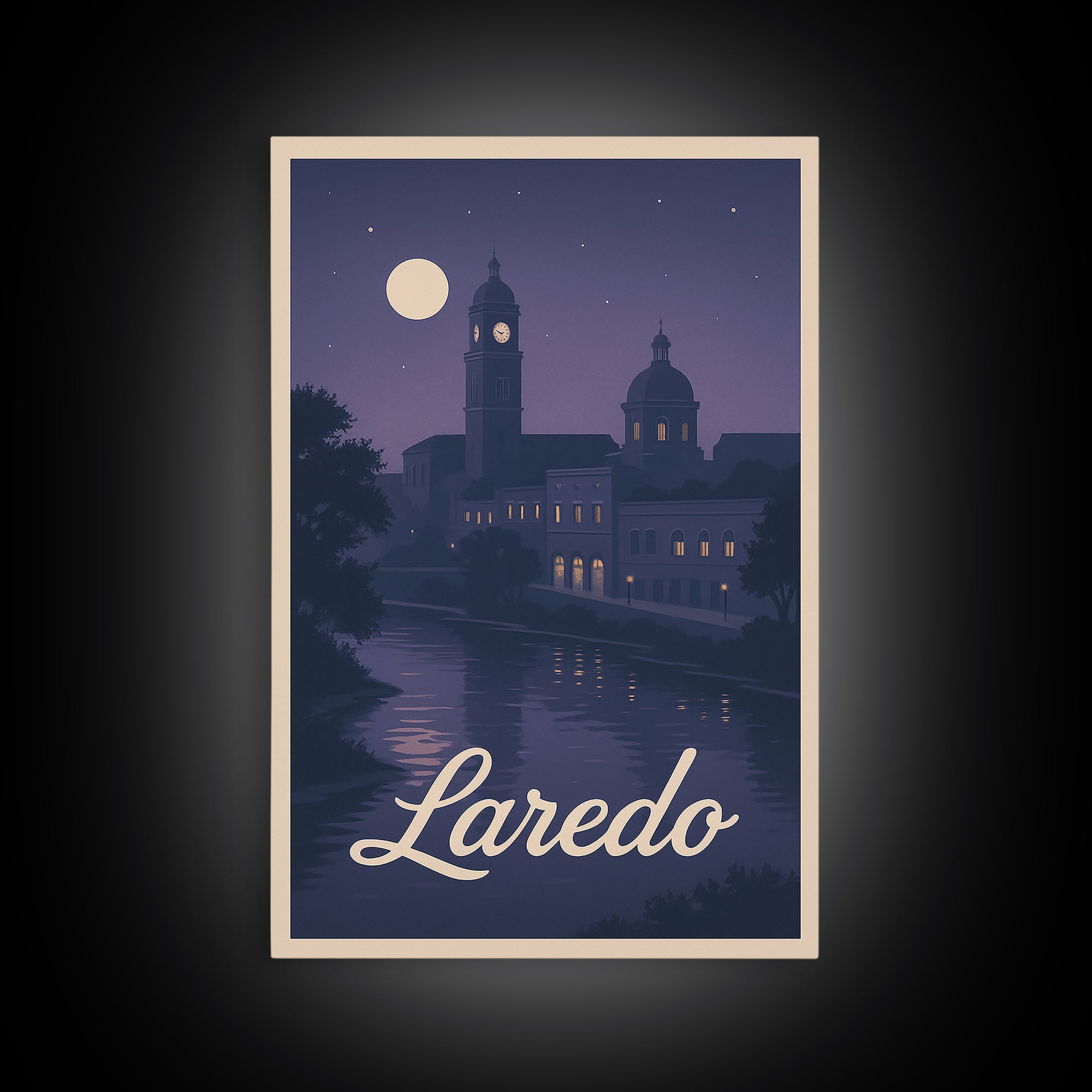 Laredo Travel Poster, Framed Canvas Print, Classic Travel Poster Art, Laredo Wall Art, Travel Wall Decor, Watercolor City Skyline