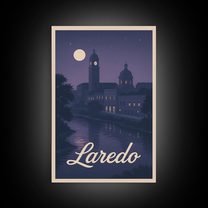 Laredo Travel Poster, Framed Canvas Print, Classic Travel Poster Art, Laredo Wall Art, Travel Wall Decor, Watercolor City Skyline